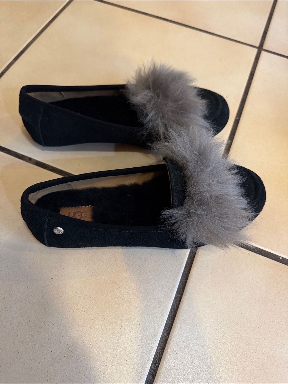 UGG Black Slippers with Gray Shearling Pom Trim